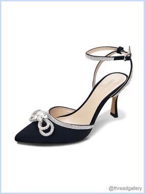 Rhinestone Bow Slingback Kitten Heels Satin Pointed Toe Ankle Strap Formal Heels